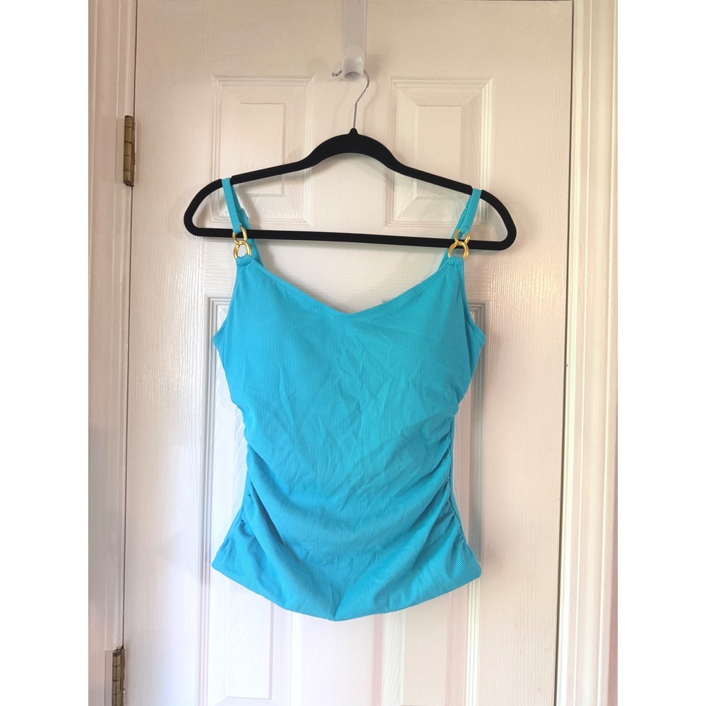 Bleu Rod Beattie Lagunita Blue Ribbed Ruched Tankini Top Gold Hardware 10